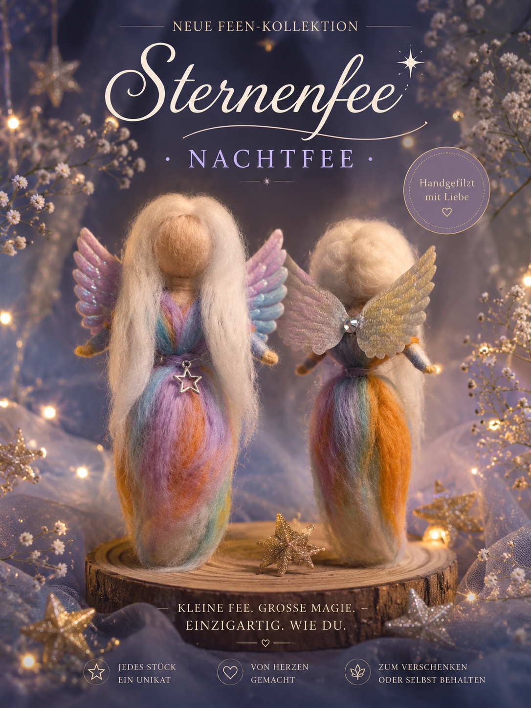 Filzerella Sternenfee – handgefilzte Regenbogen Fee aus Wolle mit Sternen-Charm | Magische Deko & Geschenkidee